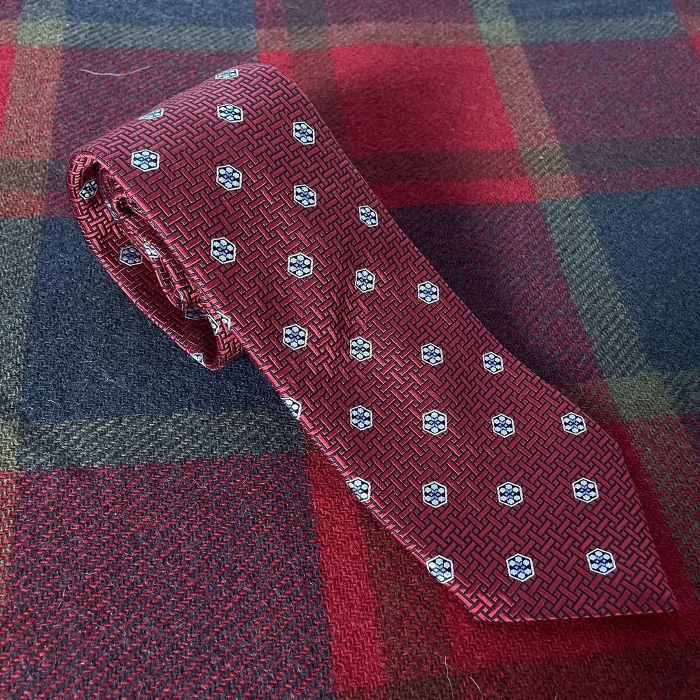 Ermenegildo Zegna Tie Mens One Size Red Silk Geometric Woven Classic Italy